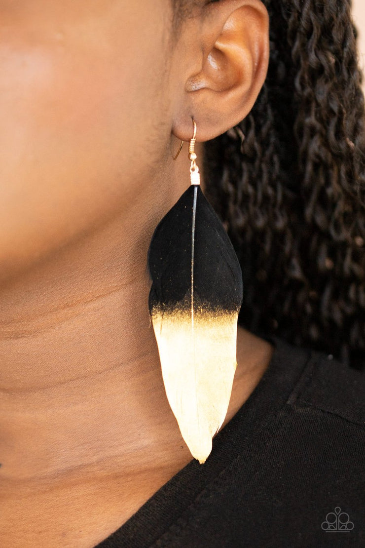 Paparazzi Accessories FLEEK FEATHERS - BLACK AND GOLD EARRINGS