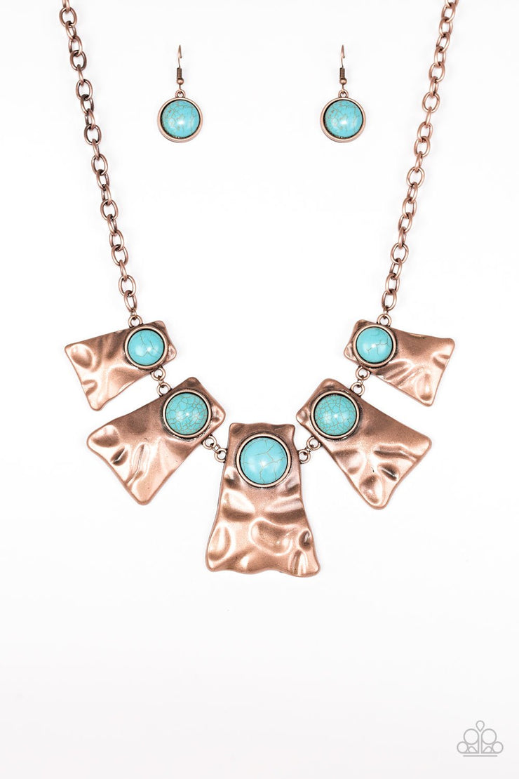 Paparazzi Accessories Cougar - Copper Hammered Plate Turquoise Cracked Stone Necklace